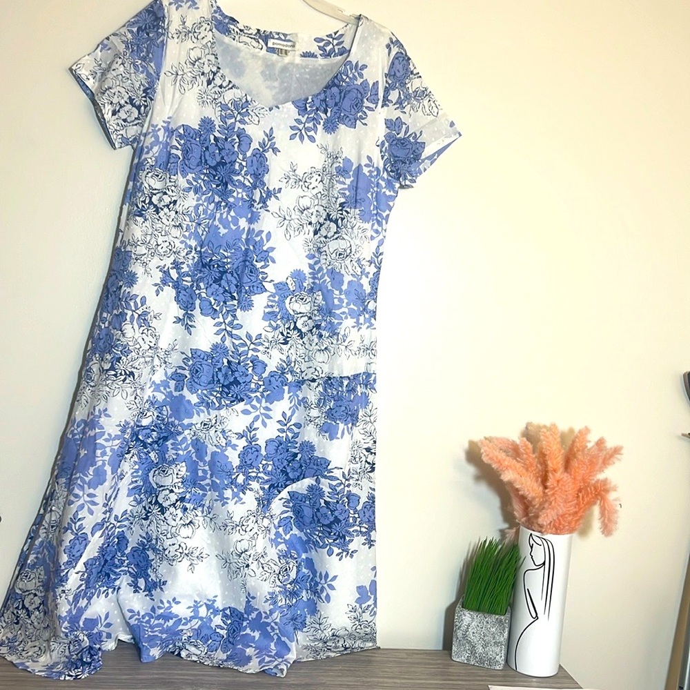 Pomodoro Blue White Swiss Dot Floral Short Sleeve Midi Dress 16